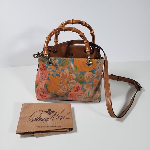 Patricia Nash Purse Watercolor Brown Leather Floral Bamboo Handle Crossbody - Picture 2 of 11
